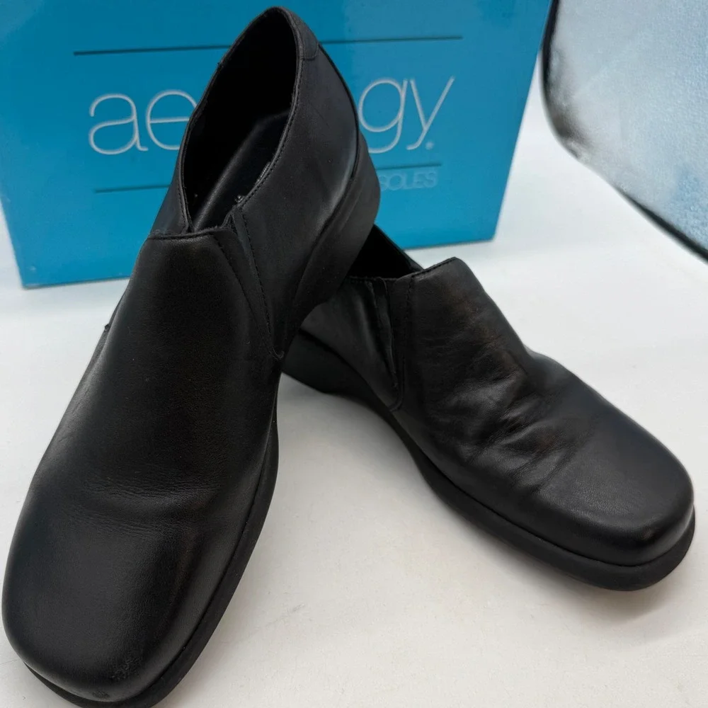 Aerology Aerosoles‎ Easy Time Black Leather Square Toe Loafers Womens 7.5M